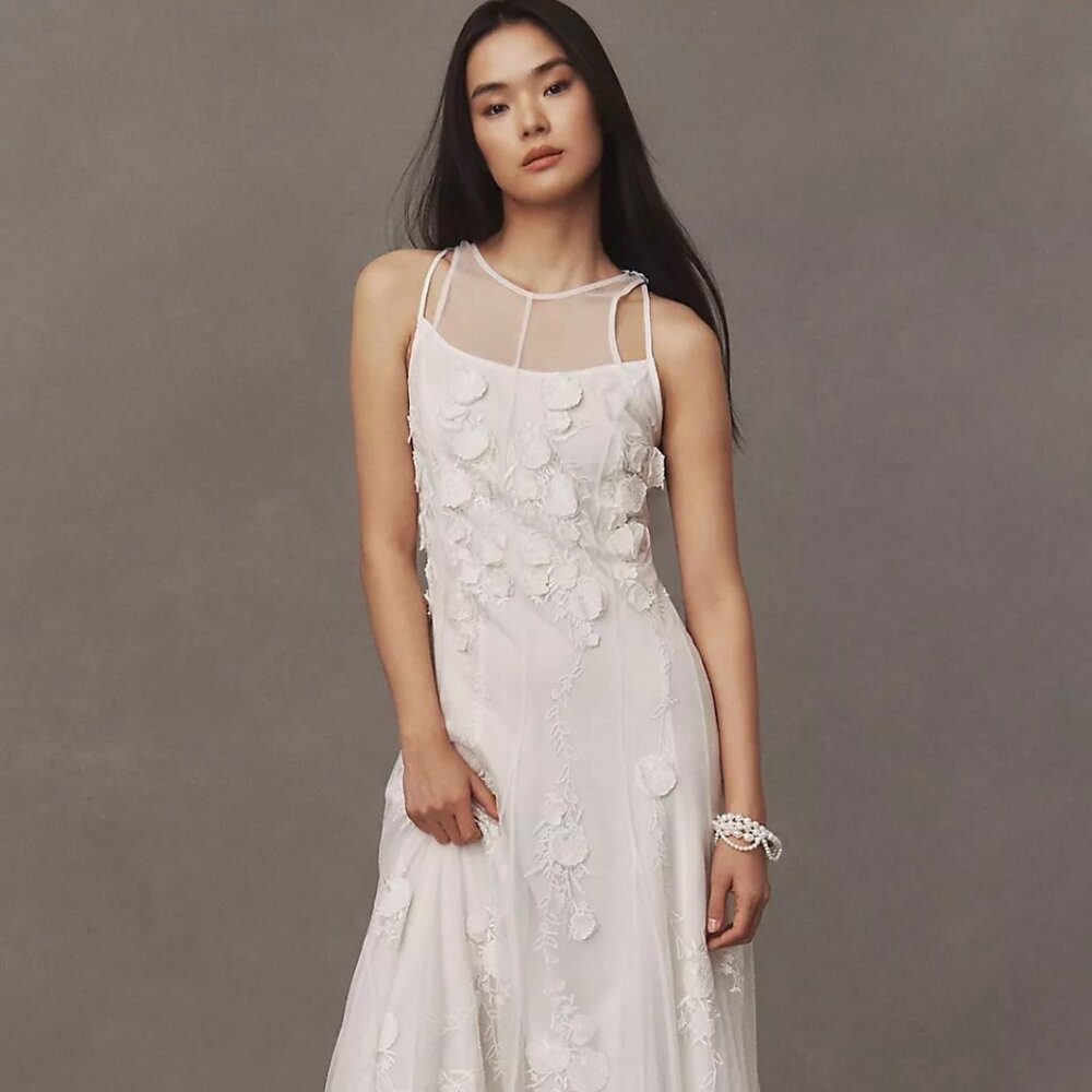 NEW. NWT  BHLDN Wedding Calla Sleeveless Tulle Floral Appliqué Maxi Dress (M)